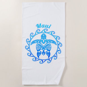 Ocean Blue Tribal Turtle Maui Beach Towel