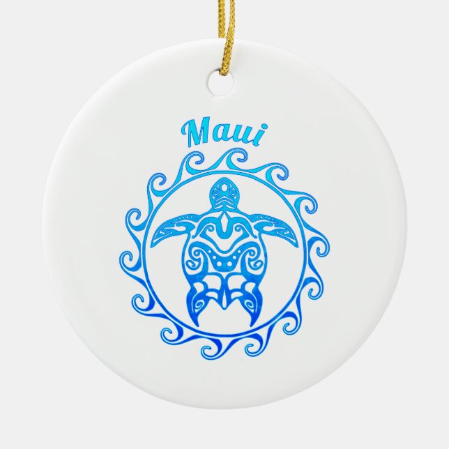 Ocean Blue Tribal Turtle Maui Ceramic Ornament (Front)