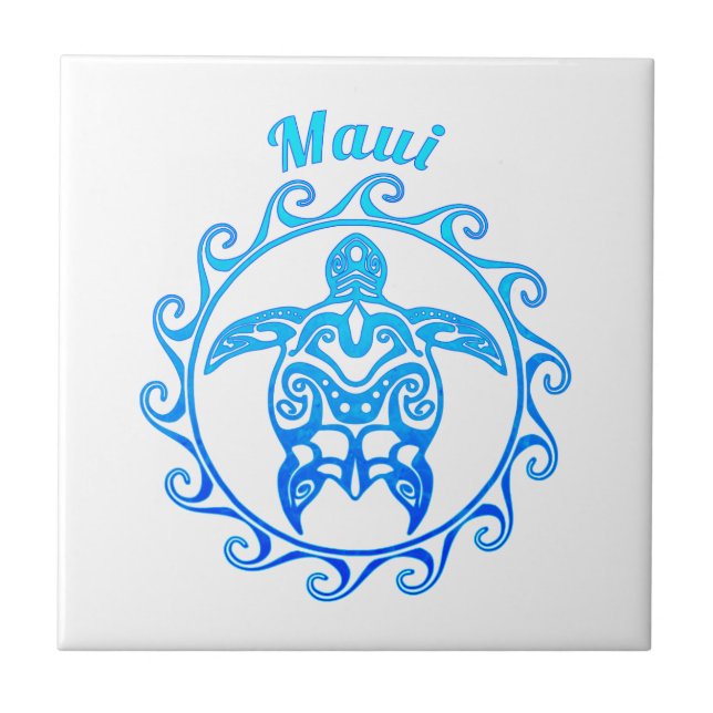Ocean Blue Tribal Turtle Maui Ceramic Tile (Front)