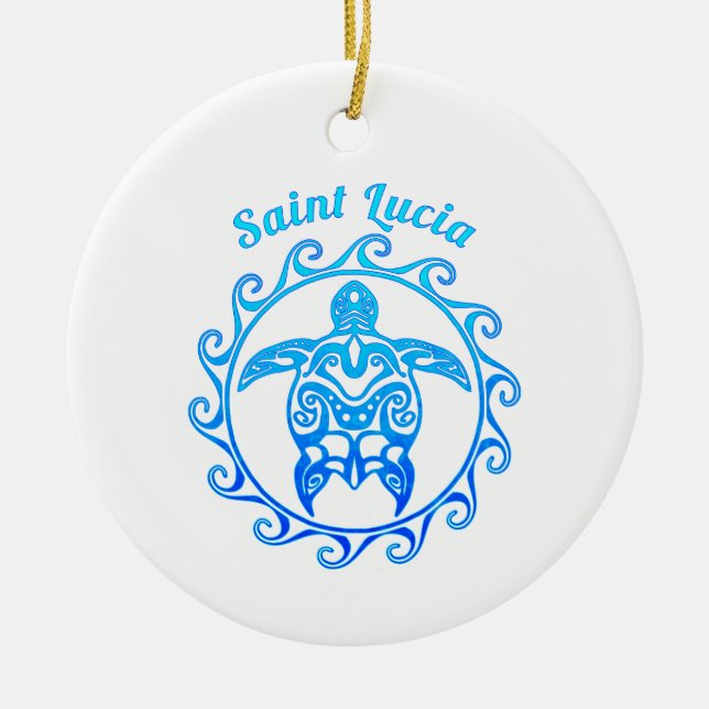 Ocean Blue Tribal Turtle Saint Lucia Ceramic Ornament (Front)