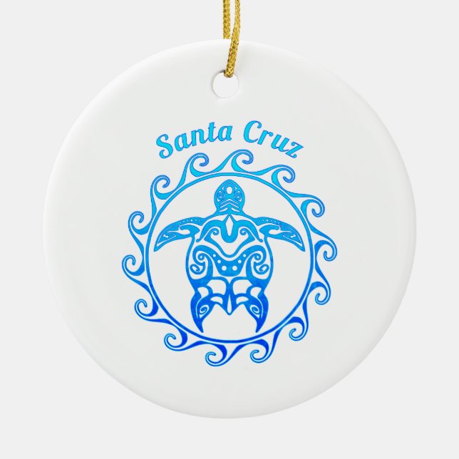 Ocean Blue Tribal Turtle Santa Cruz Ceramic Ornament (Front)