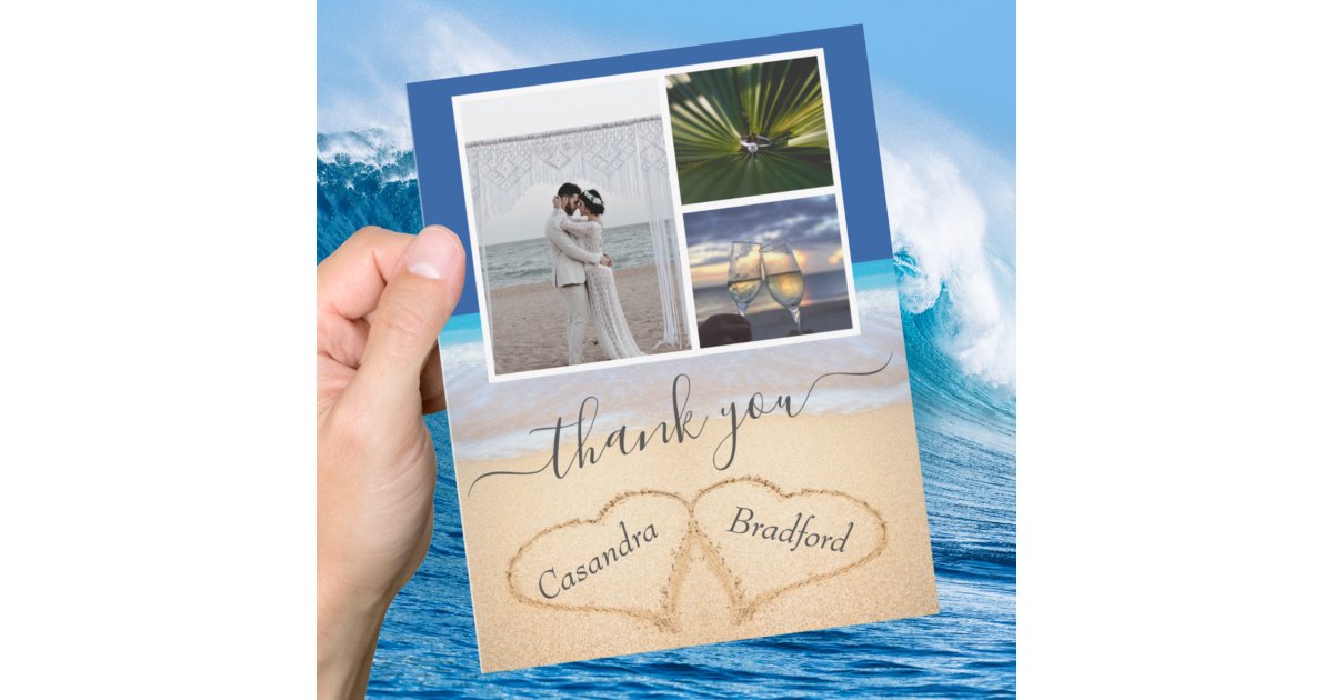 Ocean Blue Tropical Beach Hearts in Sand Wedding Thank You Card | Zazzle