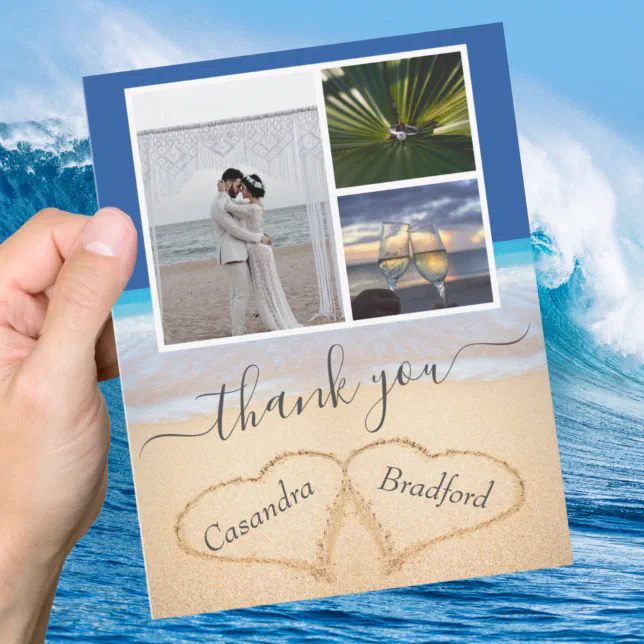 Ocean Blue Tropical Beach Hearts in Sand Wedding Thank You Card | Zazzle