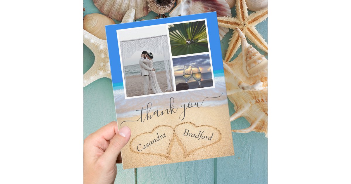 Ocean Blue Tropical Beach Hearts in Sand Wedding Thank You Card | Zazzle
