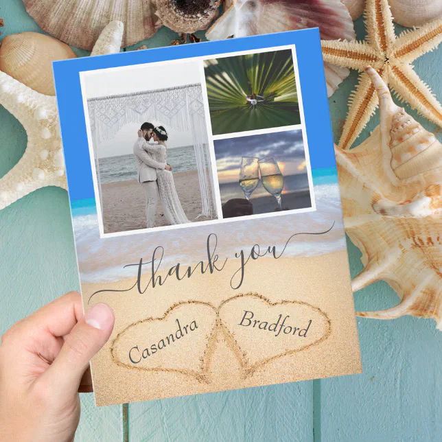 Ocean Blue Tropical Beach Hearts in Sand Wedding Thank You Card | Zazzle