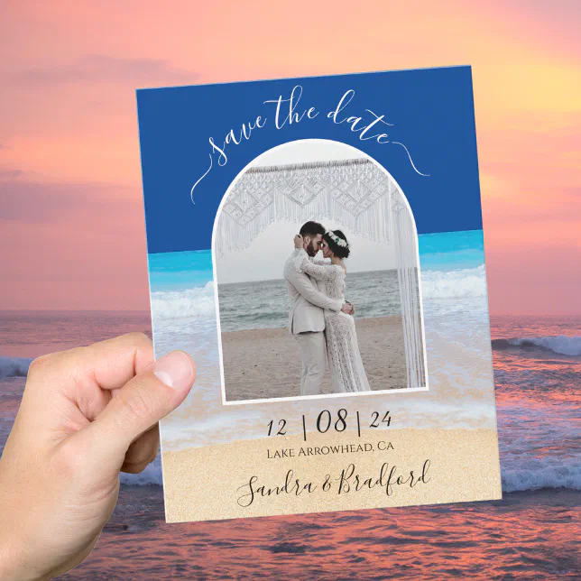 Ocean Blue Tropical Beach Photo Arch Save the Date Thank You Card | Zazzle