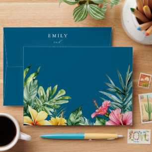 Ocean Blue Tropical Floral Wedding Return Address Envelope
