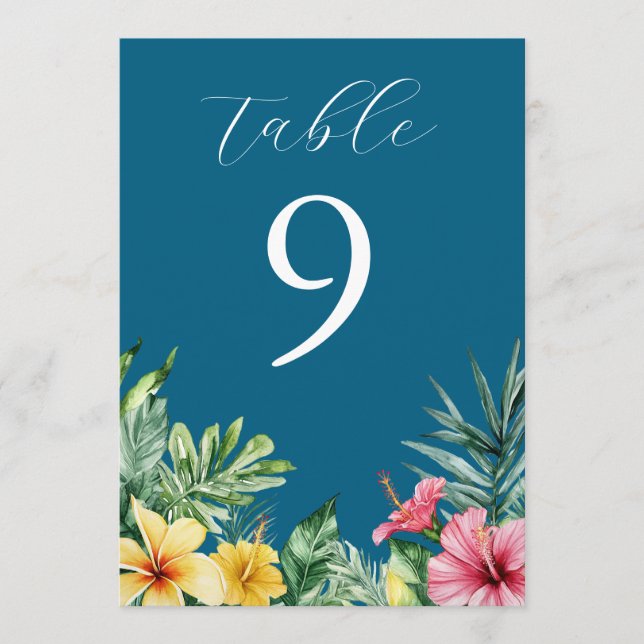 Ocean Blue Tropical Flowers Greenery Table Number (Front)