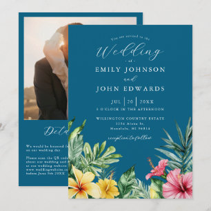 Ocean Blue Tropical Flowers Photo QR Code Wedding Invitation