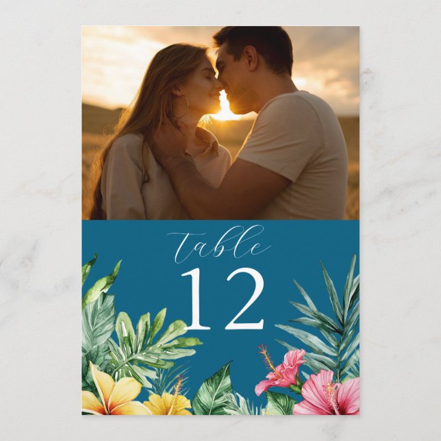 Ocean Blue Tropical Flowers Photo Table Number (Back)