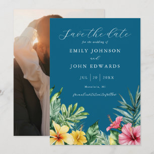 Ocean Blue Tropical Flowers Photo Wedding Save The Date