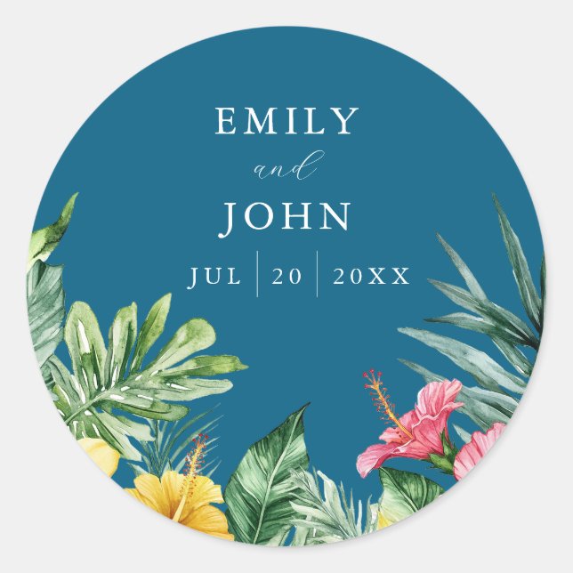 Ocean Blue Tropical Flowers Wedding Favor Classic Round Sticker (Front)