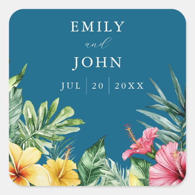 Ocean Blue Tropical Flowers Wedding Favor Square Sticker (Front)