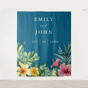 Ocean Blue Tropical Flowers Wedding Photo Backdrop