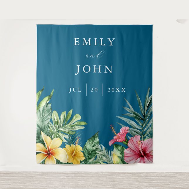 Ocean Blue Tropical Flowers Wedding Photo Backdrop (Front)