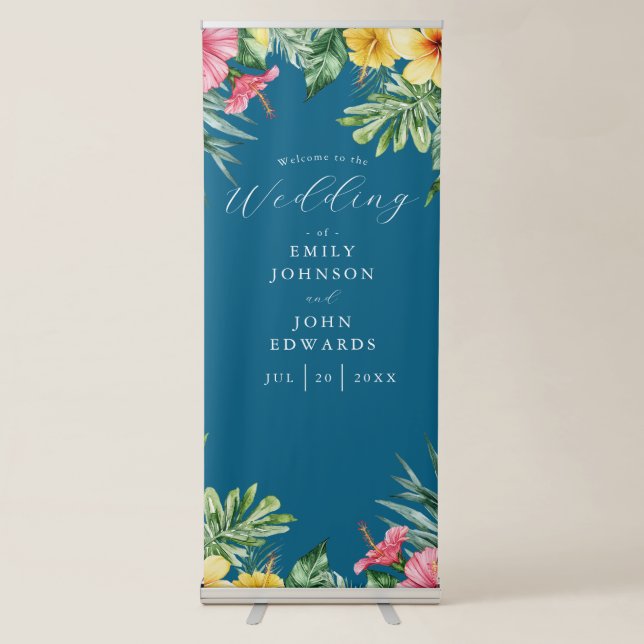 Ocean Blue Tropical Flowers Wedding Welcome  Retractable Banner (Front)