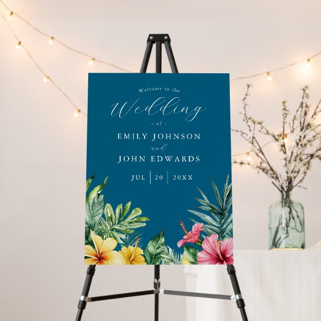 Ocean Blue Tropical Flowers Wedding Welcome Sign (In Situ (Stand))
