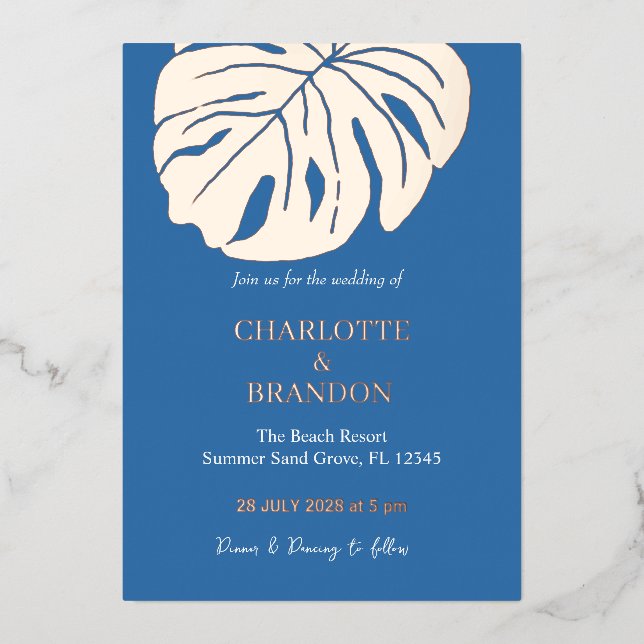 Ocean Blue Tropical Monstera Leaf Wedding Foil Invitation (Front)