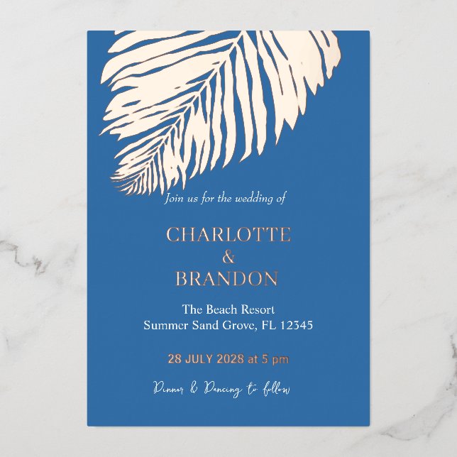 Ocean Blue Tropical Palm Leaf Wedding Gold  Foil Invitation (Front)