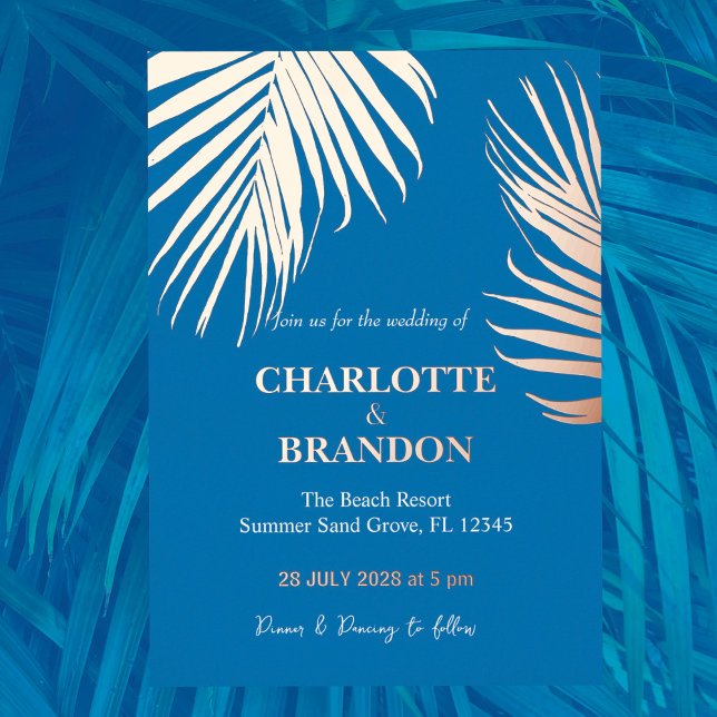 Ocean Blue Tropical Palm Leaf Wedding Gold  Foil Invitation (Creator Uploaded)