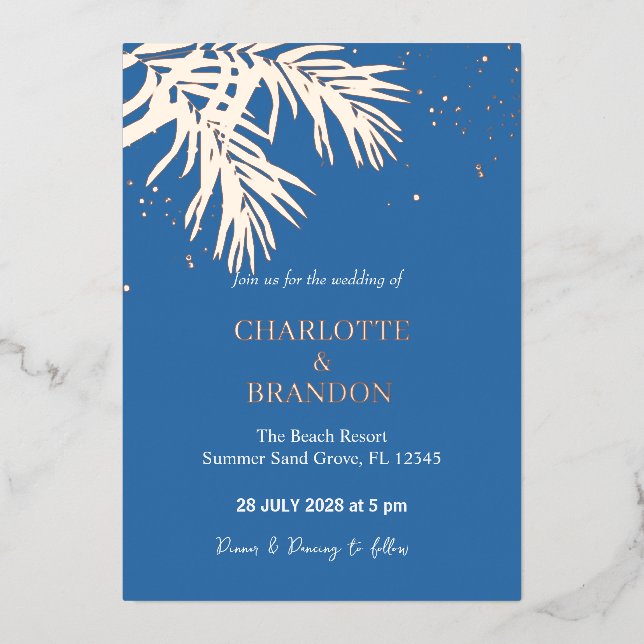 Ocean Blue Tropical Palm Leaves Wedding Gold Foil Invitation (Front)