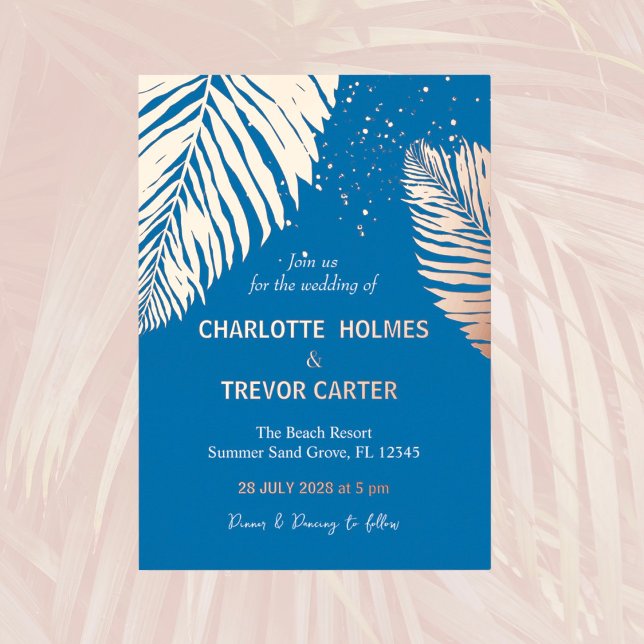 Ocean Blue Tropical Palms Beach Wedding Gold Foil Invitation (Creator Uploaded)