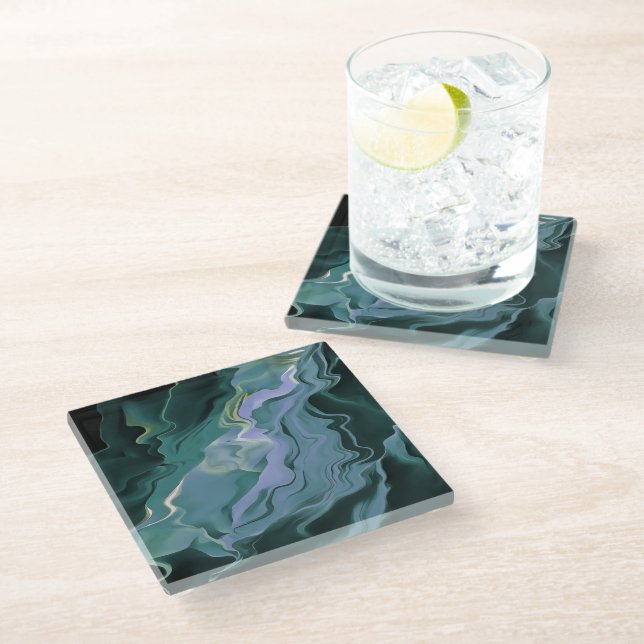 Ocean Blue Turbulence Acrylic Pour Abstract Art Glass Coaster (Angled)