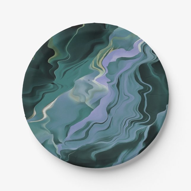 Ocean Blue Turbulence Acrylic Pour Abstract Art Paper Plates (Front)