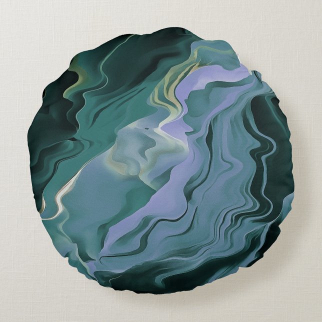 Ocean Blue Turbulence Acrylic Pour Abstract Art Round Pillow (Back)