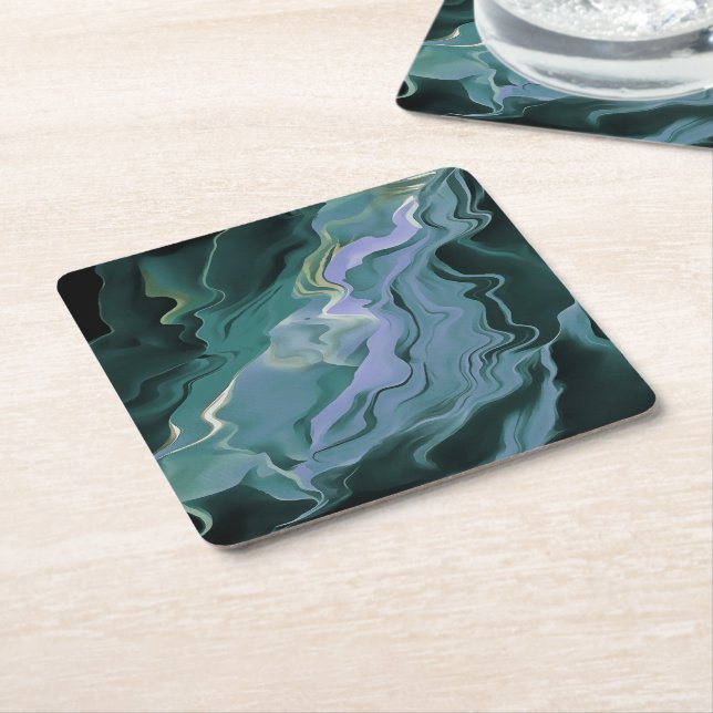 Ocean Blue Turbulence Acrylic Pour Abstract Art Square Paper Coaster (Angled)