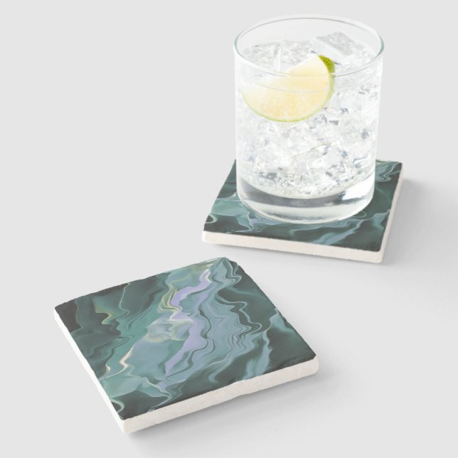 Ocean Blue Turbulence Acrylic Pour Abstract Art Stone Coaster (Side)