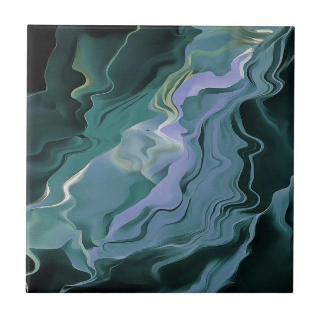 Ocean Blue Turbulence Acrylic Pour Abstract Art Tile (Front)