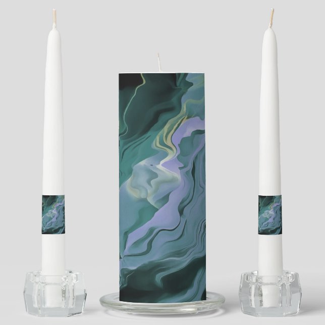 Ocean Blue Turbulence Acrylic Pour Abstract Art Unity Candle Set (Front)