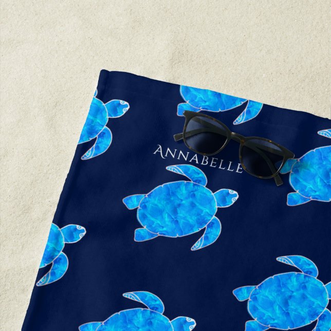 OCEAN BLUE TURTLE PATTERN /  DARK BLUE / MONOGRAM BEACH TOWEL (In Situ)