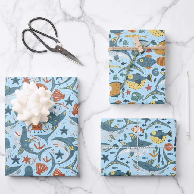 Ocean Blue Under The Sea Birthday Sharks Theme Wrapping Paper Sheets (Front)