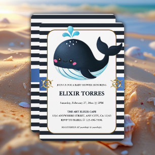 Ocean Blue Under the Sea Kawaii Whale Baby Shower Invitation