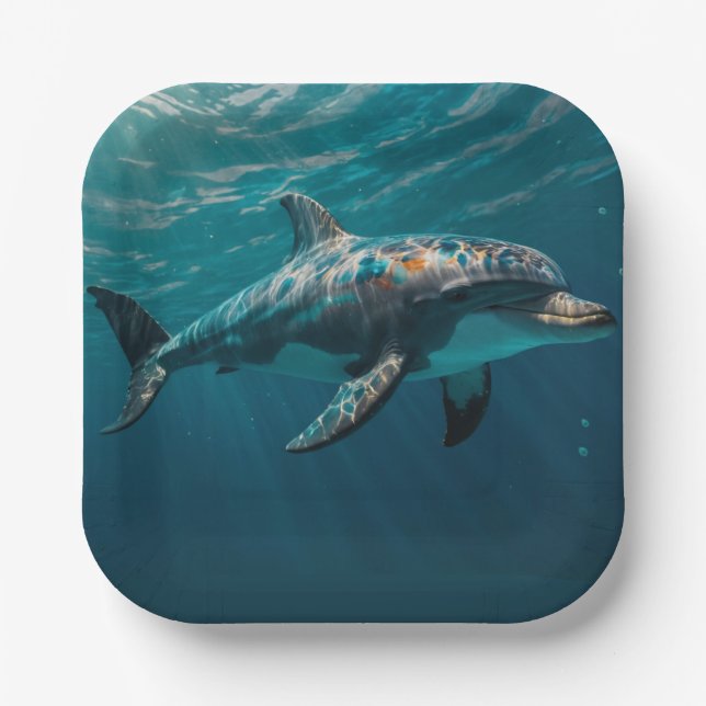Ocean Blue Underwater Dolphin Portrait Paper Plates (Front)