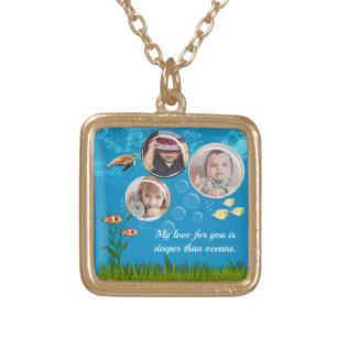 Ocean Blue Underwater Tropical Fish Deep Sea Love  Gold Plated Necklace