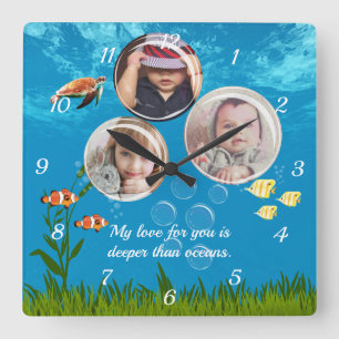 Ocean Blue Underwater Tropical Fish Deep Sea Love  Square Wall Clock