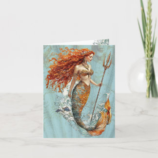 Ocean Blue Vintage Mermaid Folded Note Card