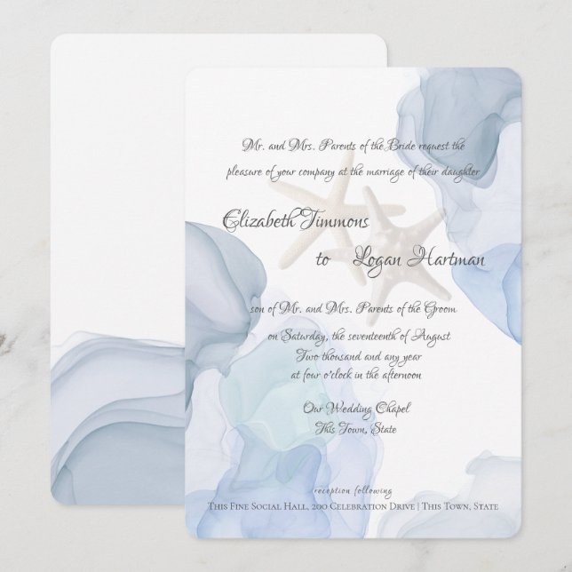 Ocean Blue Watercolor Beach Wedding Invitation (Front/Back)