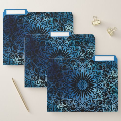 Ocean Blue Watercolor Floral Mandala on Black File Folder