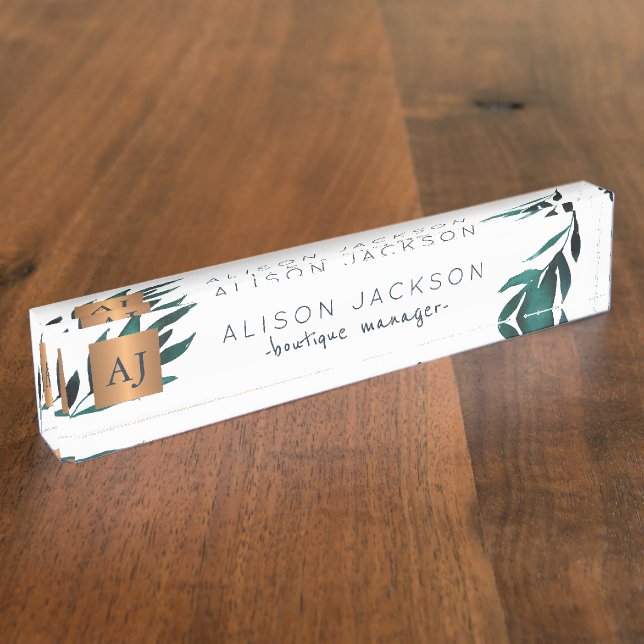 Ocean blue watercolor foliage copper monogrammed desk name plate (Side)
