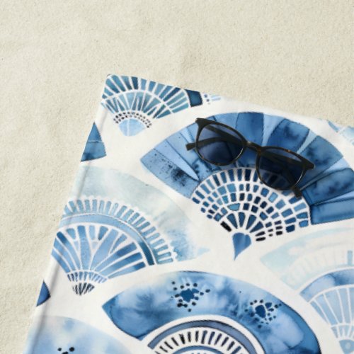 Ocean Blue Watercolor Geometric Gradient Art Deco Beach Towel