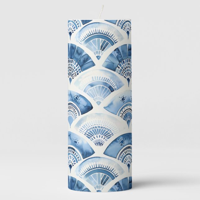 Ocean Blue Watercolor Geometric Gradient Art Deco Pillar Candle (Front)