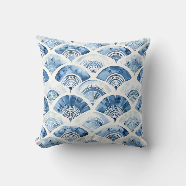 Ocean Blue Watercolor Geometric Gradient Art Deco  Throw Pillow (Front)