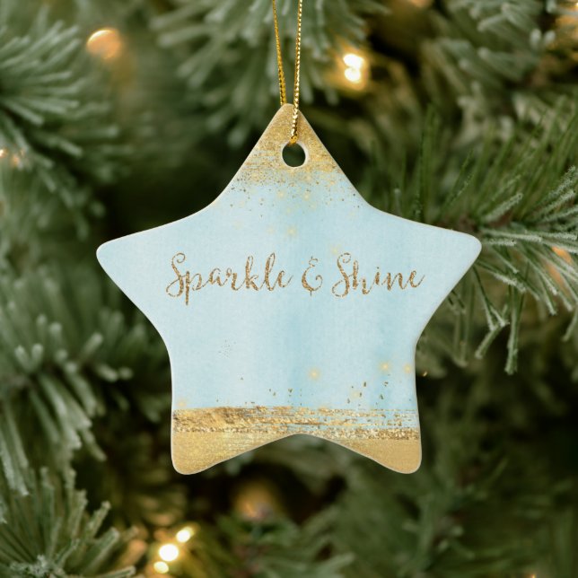 Ocean Blue Watercolor Gold Sparkle  Ceramic Ornament (Tree)