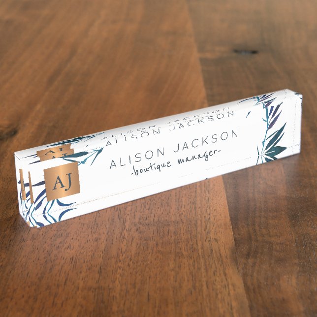 Ocean blue watercolor laurels copper monogrammed name plate (Side)