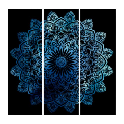 Ocean Blue Watercolor Mandala _ Custom Color Black Triptych