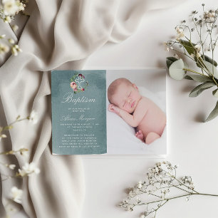Ocean Blue Watercolor Marsala Floral Baptism Invitation